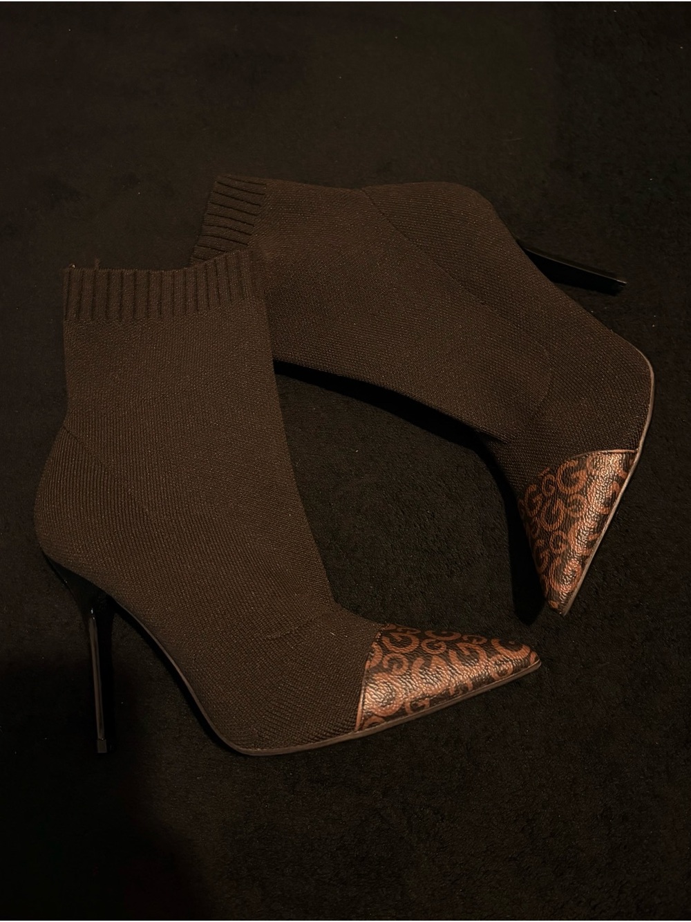Guess Brown Knit Stiletto Ankle Boots with Patterned Metallic Toe